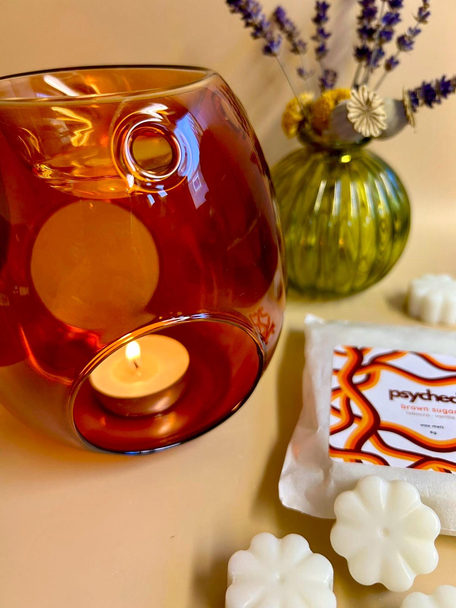 Gift Set: Retro Space Age Wax Burner in Amber Glass + 4 bags of Wax Melts